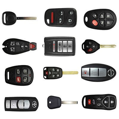 A selection of car transponder keys, remotes and fobs.